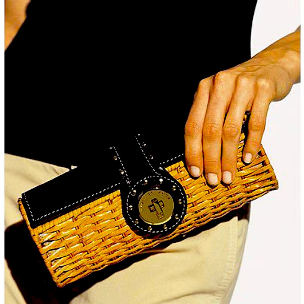 Michael Kors Wicker Rattan Clutch in Black and Gold trim